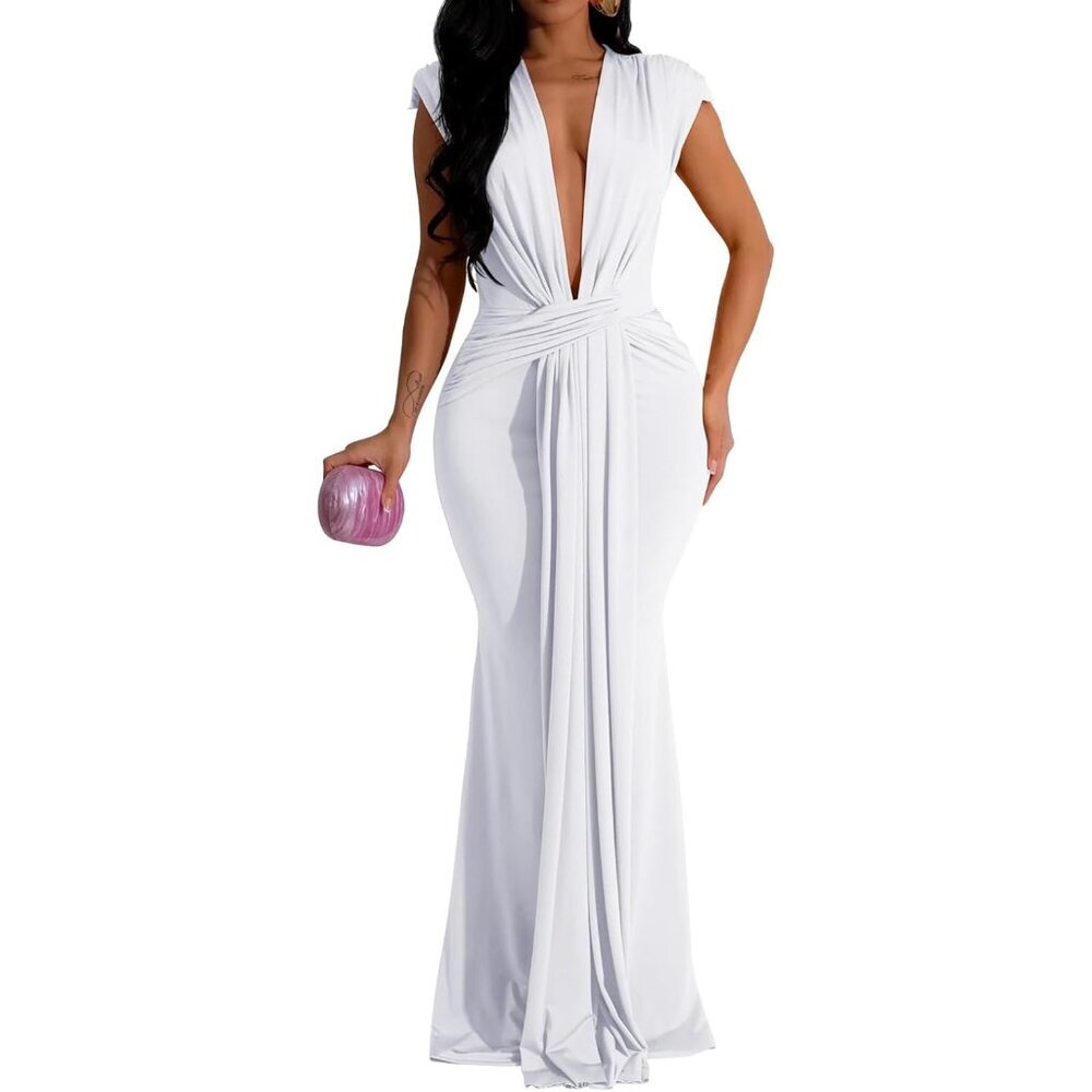Women's Bodycon Dresses Deep V Neck Maxi Dress Mermaid Long Dress White Elegant
